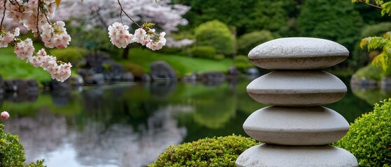 Poster - Stunning Japanese cherry blossom trees in full bloom with bright pink petals gently falling in a serene and picturesque garden setting