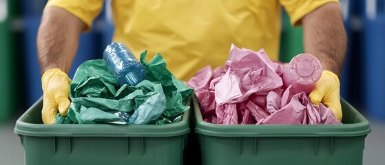 Poster - Close up view of human hands meticulously sorting and separating plastic bottles and paper products into designated recycling bins