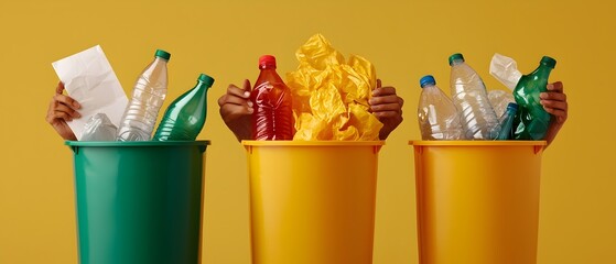 Poster - Close Up of Hands Carefully Sorting Plastic Bottles and Paper into Separate Recycling Bins for Sustainable Waste Management and Environmental Conservation