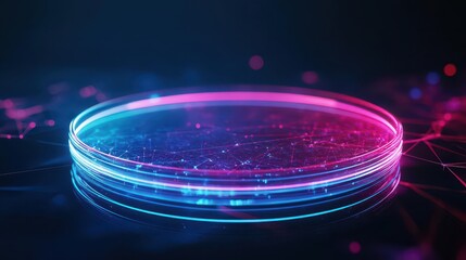Poster - Ceramic plate, dynamic holographic background, vivid neon color patterns, hightech fusion