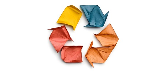 Poster - Vibrant Recycling Symbol Composed of Colorful Plastic Waste Materials Against a Clean White Background Representing Sustainability and Eco friendly Initiatives