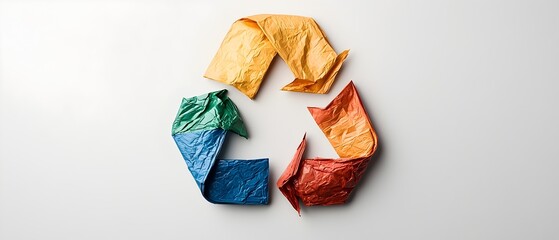 Poster - Vibrant recycling symbol constructed from various colorful plastic waste materials highlighting the concept of sustainable waste management and environmental conservation on a clean white backdrop