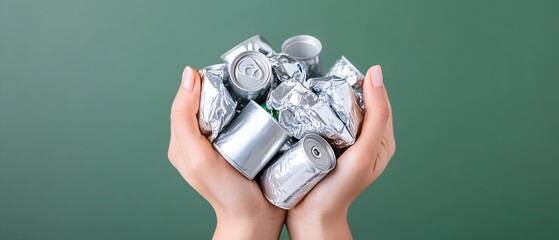 Poster - Hands Holding Crushed Aluminum Cans Ready for Recycling  Eco Friendly Sustainability Concept Depicting the Circular Economy and Responsible Resource Management