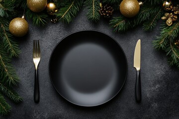 Black empty plate mock up on a Holiday Table Setting. Gold Cutlery. Stylish dining setup on a dark background. Golden utensils, stars. Food menu mockup. Festive Dish template. Top view, Flat lay.