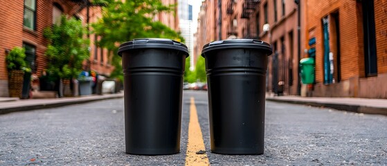 Poster - Colorful recycling bins for paper glass and plastic waste collection lined up on a city street showcasing the urban infrastructure for sustainable waste management and environmental conservation