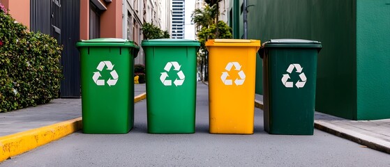 Poster - Recycling Bins Lined Up on a City Street Designated for the Collection and Segregation of Paper Glass