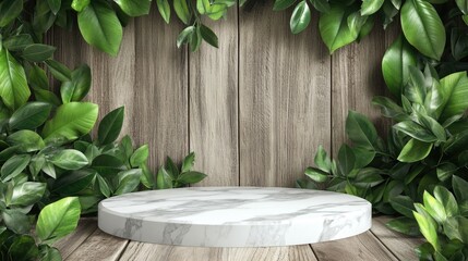 Leinwandbilder - White marble pedestal on wooden background with lush leaves and abstract 3D pattern, perfect for an elegant product display.