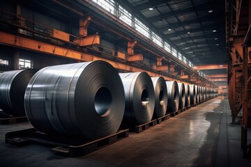 Rolled steel sheets are waiting for processing in a warehouse or industrial plant