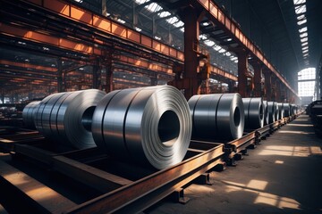 Large steel rolls storing inside a warehouse or industrial plant