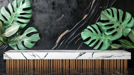 Leinwandbilder - White marble platform on black and brown wood, adorned with monstera leaves. Abstract 3D design for modern product display.