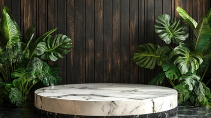 Leinwandbilder - White marble round podium on black and brown wooden background, decorated with palm and monstera leaves. Futuristic 3D pattern enhances the design.