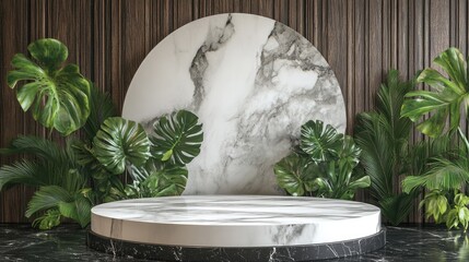 Leinwandbilder - White marble round podium on black and brown wooden background, decorated with palm and monstera leaves. Futuristic 3D pattern enhances the design.
