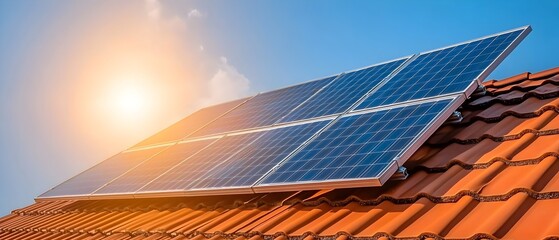 Leinwandbilder - Rooftop Solar Panels Capturing Sunlight and Generating Renewable Energy Against a Clear Blue Sky Background