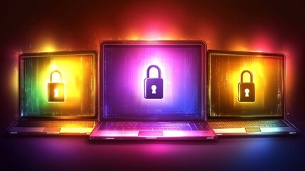 Aufkleber - Set of three laptops with digital padlocks as a symbol for cybersecurity and data protection