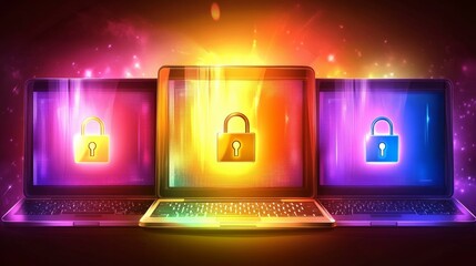 Aufkleber - Set of three laptops with digital padlocks as a symbol for cybersecurity and data protection