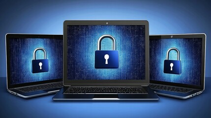 Aufkleber - Set of three laptops with digital padlocks as a symbol for cybersecurity and data protection