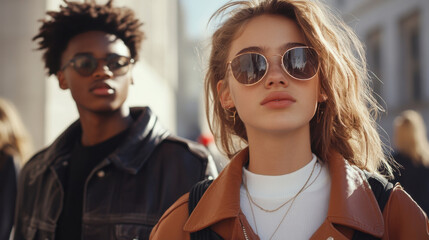 Stylish Young Multiracial Adults in Urban Fashion with Sunglasses and Leather Jackets. Generative ai