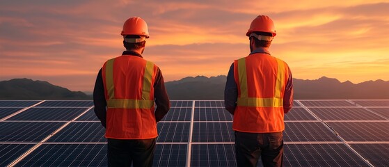 Poster - Engineers inspecting and assessing the layout and performance of expansive solar panel installations situated within a vast desert environment