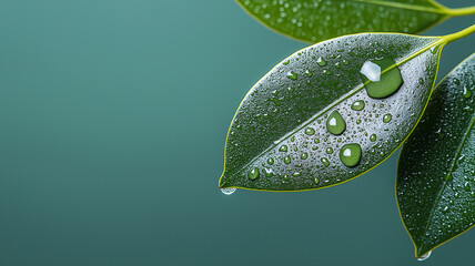 Aufkleber - Close up of dewy green leaves with water droplets on smooth surface