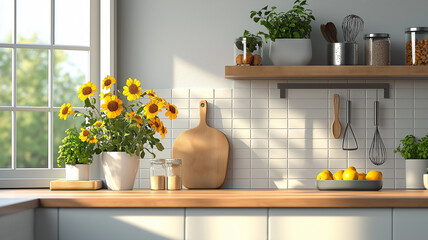 Poster - Bright kitchen with sunflowers and lemons on wooden countertop
