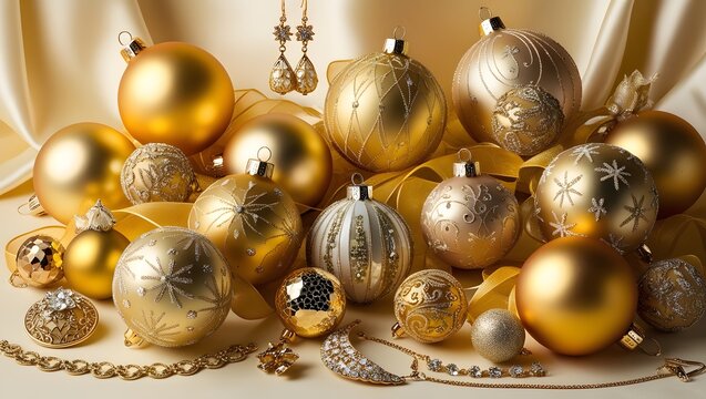 Gold Christmas balls gold Christmas jewelry.