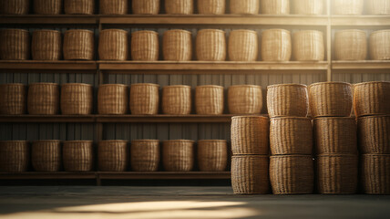 Poster - Rows of woven baskets in warm sunlight create serene atmosphere