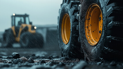 Poster - Close up of muddy tractor tires in rainy construction site