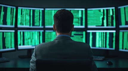 Poster - Professional in Dark Room with Multiple Computer Screens