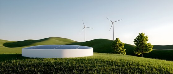 Poster - Cutting Edge Hybrid Renewable Energy Facility with Wind Turbines and Solar Panels in Scenic Countryside Landscape   Innovative and Sustainable Power for a Greener Future