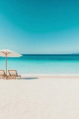 Poster - Serene beach view with a sun lounger and umbrella under a clear sky and calm waters