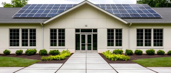Poster - Renewable energy of solar panels and wind turbines powering an eco friendly sustainable facility or industrial building
