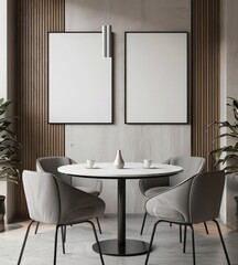 A minimalist dining area with four chairs. a round table. two blank posters. and plants on either side of the table in a modern setting