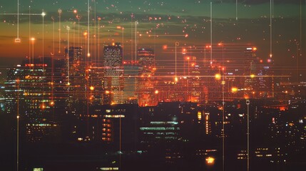 Poster - Digital Cityscape with Wireless Connectivity Lines