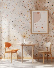 A minimalist dining space with a round wooden table. two chairs. a vase with dried flowers. and a framed abstract print against a colorful confetti patterned wall