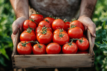 A wooden box of harvested tomatoes in a farmer hands close up...