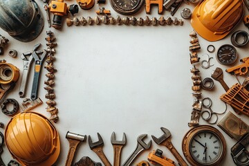 Industrial tools and equipment frame with helmets, gears, and clock on rustic background