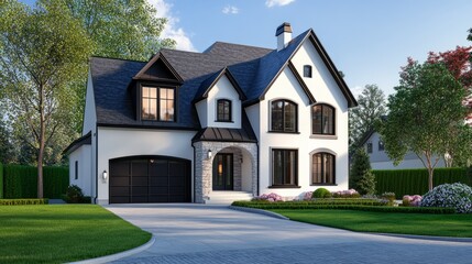 Poster - A large house with a black garage door and a white roof
