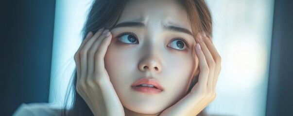 Sleepless Asian woman looking her face in the mirror and worry about dark circles under eyes, Generative AI