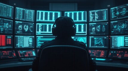 Poster - Professional in Darkened Room Surrounded by Screens