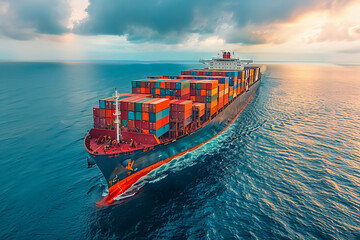 Large container ship delivering cargo at sunset sailing on open sea