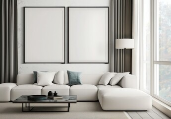 Modern living room interior with white sofa. two black framed posters. and a large window overlooking a tree