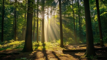 Poster - The sun is shining through the trees, casting a warm glow on the forest floor