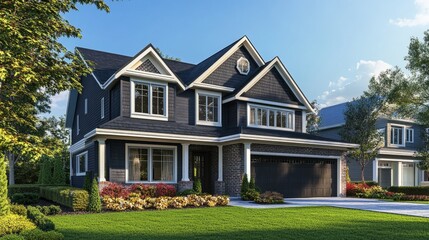 Poster - A large house with a black roof and white trim