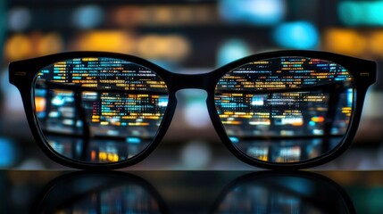 Glasses reflecting code with a blurred cityscape in the background.