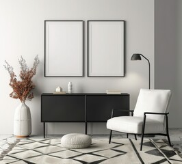 a minimalistic living room with a white armchair. a black cabinet. two blank picture frames. a floor