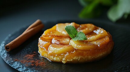 Golden Tarte Tatin with crisp edges and apple topping, on a dark slate plate, with cinnamon sticks and fresh mint