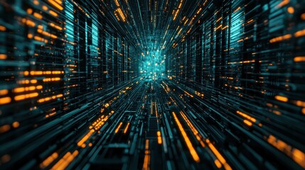 Fototapete - Exploring the depths of digital space a journey through a high-tech tunnel of light and data flowing in cosmic patterns