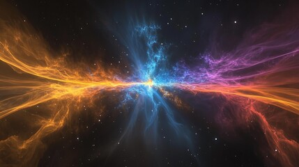 Poster - A vibrant, abstract nebula with swirling, glowing clouds of gas and dust in shades of blue, orange, and purple against a starry black background.