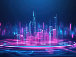 Poster - holograminfused plate, abstract digital cityscape background, glowing neon lines, scifi style