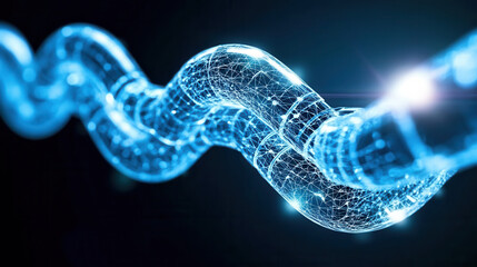 three dimensional transparent DNA chain with glowing blue connections, symbolizing modern science and technology